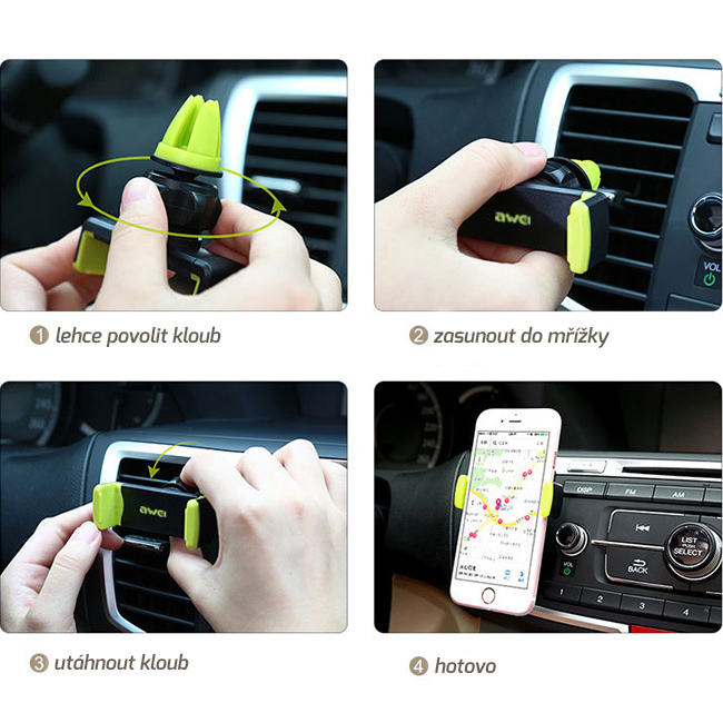 Prakticky drzak na mobil do auta do mrizky auto ventilace s rychlou instalaci.